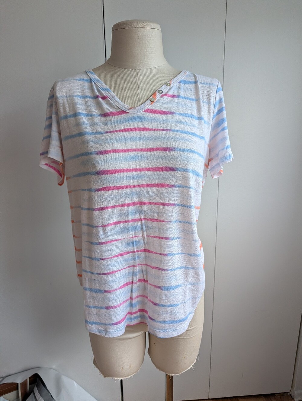 Tribal White V-Neck Tee with Blue & Pink Stripes